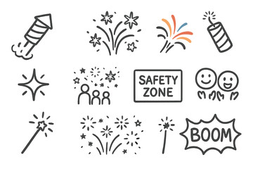 Festive Fireworks Icons. Fireworks show doodle icon set: hand drawn icons of fireworks launch, sky burst, colorful trails,