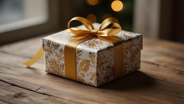 Luxury gift box with elegant golden and cream wrapping paper, satin ribbon bow, placed on rustic wooden table with warm natural light and festive holiday background, ultra-realistic stock photo - Powered by Adobe