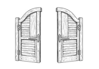 Vintage Hand-Drawn Illustration of Open Saloon Doors, a Rustic Architectural Graphic Featuring Detailed Wooden Swing Entrance in a Classic Sketch Art Style for Design Projects