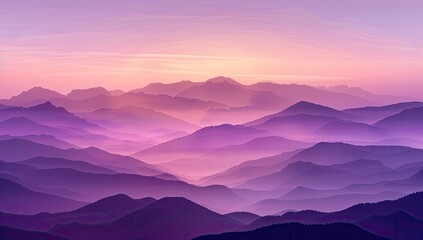 Obraz premium Serene landscape showcasing a vast range of mountains bathed in a soft, purple-hued sunrise or sunset light, creating a hazy, dreamlike atmosphere