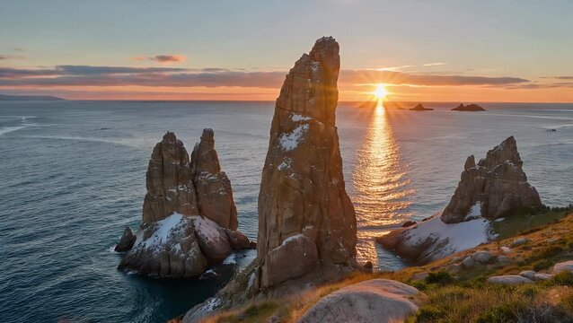 prominent rock formation and sacred headland located on large island within massive freshwater lake during the evening