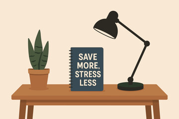 Minimalist Workspace Inspiration. Flat vector of minimalist workspace — desk, lamp, one plant, and “save more, stress less”