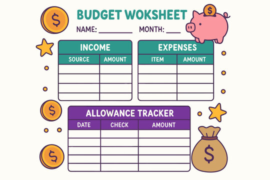 Kid-Friendly Budget Worksheet. Vector layout of printable budget worksheet with kid-friendly visuals and allowance tracking.