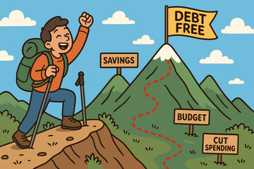 Journey to Financial Freedom. Cartoon-style horizontal banner of person reaching mountain peak labeled &ldquo;debt free,&rdquo; with financial