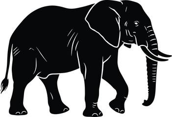 Minimal vector silhouette, elephant walking at slight diagonal, three-quarter side, solid black