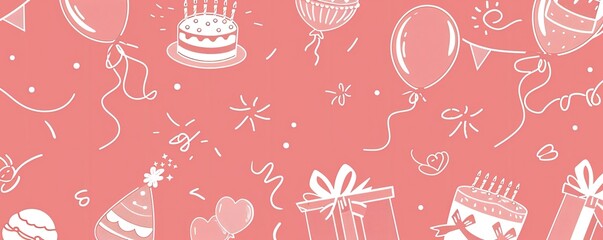 A pink celebratory background features hand-drawn white illustrations of cakes, balloons, gifts, and confetti, creating a festive and joyful atmosphere
