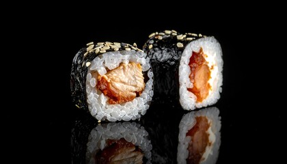 Two sushi rolls on black background