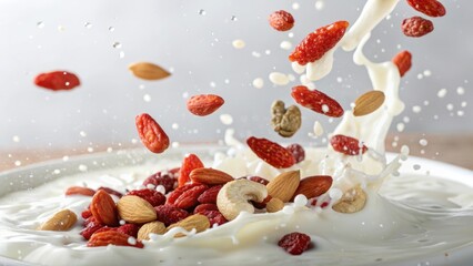 Obraz premium Fresh Goji Berries and Nuts in Creamy Splash