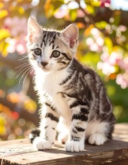 Cute kitten, gray and white, sits outdoors, blossoms in background