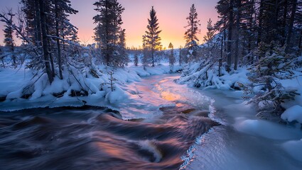 Frozen forest stream reflects vibrant sunset colors amidst snow covered evergreen trees in a winter landscape