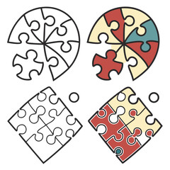 Illustration of two sets of puzzle pieces one round and one square both partially colored and outlined
