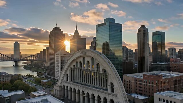 Urban panorama featuring architectural structures along major riverfront metropolitan area