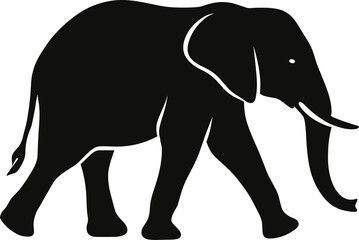 Minimal vector silhouette, elephant walking mid-step, trunk forward, side view, solid black