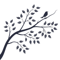 Obraz premium Silhouette image of a bird perched on a branch with leaves against a white background in vector art style