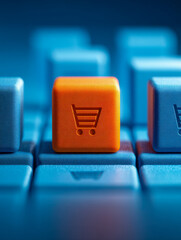 Keyboard keys with shopping cart symbols highlighting an orange key among blue ones symbolizing online shopping and e-commerce concept in digital technology background
