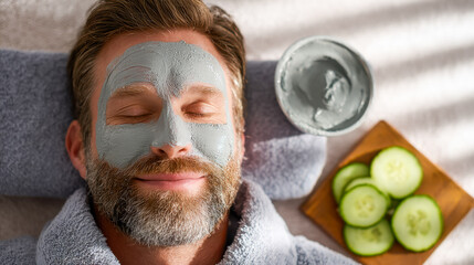 Man enjoying a relaxing facial mask session with cucumber slices on a wooden board
