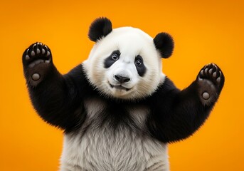 Naklejka premium A playful panda cub, its paws raised in a friendly greeting against a vibrant orange backdrop, evokes a cheerful and welcoming atmosphere.