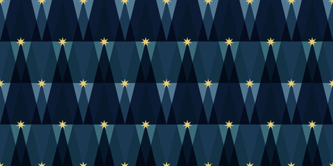 Obraz premium Christmas Tree Seamless Vector Pattern. New Year Geometric Trees and Stars Concept for Wrapping paper, greeting card, poster, cover, header, card, decor.