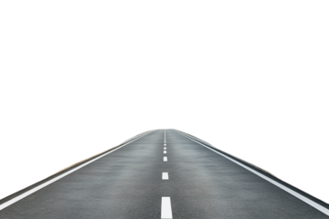 Endless asphalt road with white lines on dark background on transparent background