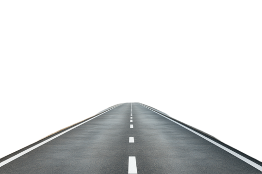 Endless asphalt road with white lines on dark background on transparent background