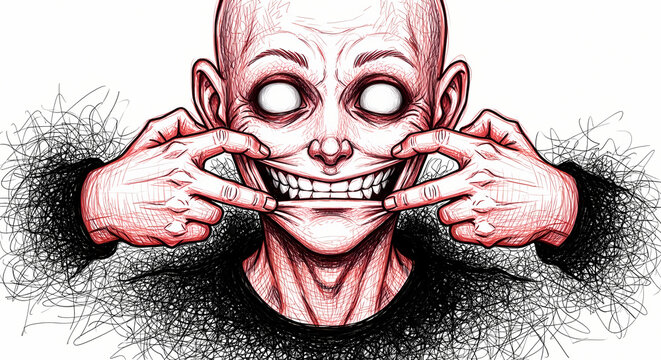 A disturbing close-up illustration of a bald, pale-skinned person forcing a wide, unsettling smile with their fingers, surrounded by chaotic scribbled lines.