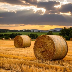 Golden hay bales in a field at sunset