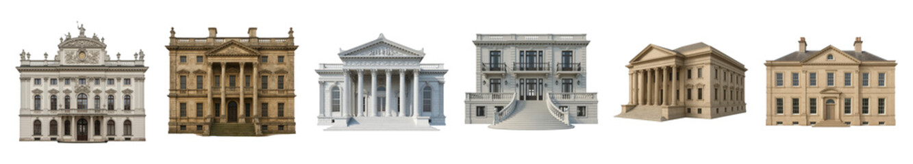 Fototapeta premium Classical architecture building facades set including neoclassical, baroque, and palatial styles isolated. Historical grandeur and elegant real estate elements.
