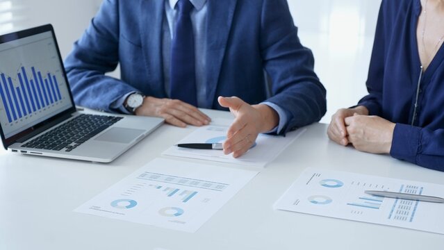 Business partners are discussing company performance and making plans based on charts and graphs displayed on laptop and printed documents. Businesspeople and finance