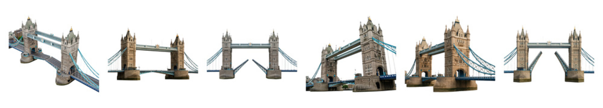Tower Bridge London set including full views, close-ups, and open bascule stages isolated. Iconic United Kingdom architectural landmark.