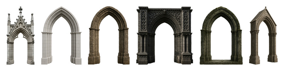 Obraz premium Gothic archways set including elaborate, simple, stone, and weathered designs isolated. Architectural elements for design.