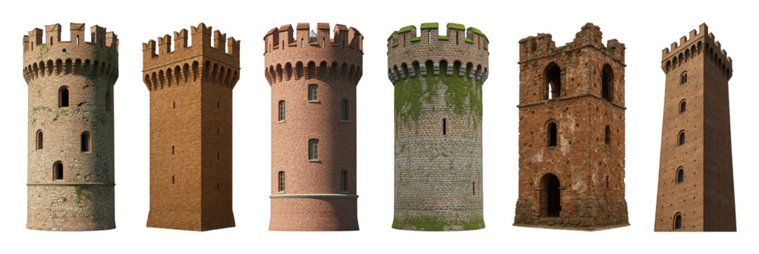 Medieval fantasy tower set including brick, stone, round, square, mossy, and ruined styles isolated. Game development assets.