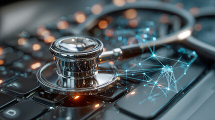 Close-up of a stethoscope on a computer keyboard with a glowing network connection graphic symbolizing digital health and telemedicine technology concepts