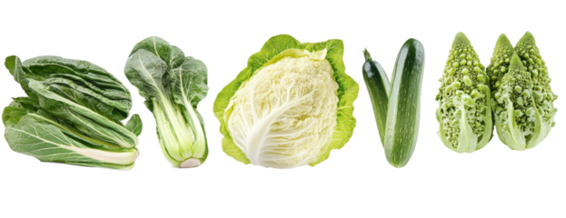Fresh and Vibrant Vegetables Including Bok Choy, Cabbage, Zucchini, and Broccoli Rabe Isolated on White Background for Culinary Use