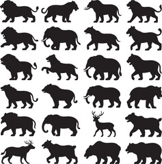 Fototapeta premium Diverse wild animal silhouettes lions elephants bears deer vector