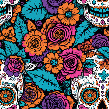 Festive seamless pattern inspired by the Mexican Day of the Dead holiday, featuring vibrant roses, flowers, and decorative sugar skulls in bold folk art style. Perfect for fabric, wallpaper, gift wrap