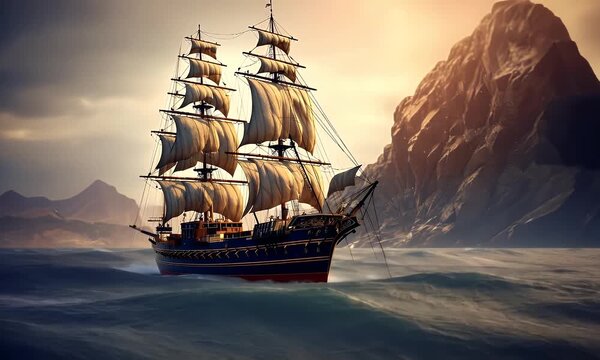 A tall ship sails rough seas framed by mountains glowing at sunset.