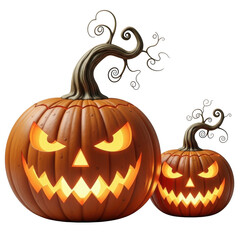 Two spooky carved halloween jack o lantern pumpkins glowing with scary faces isolated on transparent background