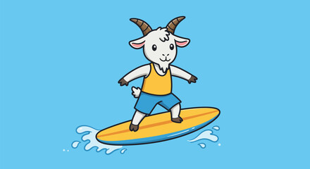 A cartoon goat surfing on a yellow surfboard in blue water.