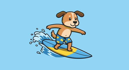 A cartoon dog surfs on a wave.