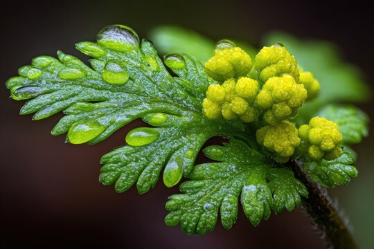 Close-up of a plant leaf with water droplets and small yellow flower buds.