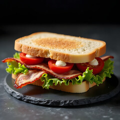 Classic BLT Sandwich with Mayonnaise Side Profile of a Delicious BLT Freshly Prepared BLT on Toasted Bread Gourmet Bacon, Lettuce, and Tomato Sandwich