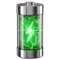 Realistic 3d render of a cylindrical battery with green energy and lightning bolt isolated on transparent background