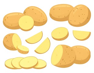 Illustration of Fresh Potatoes with Different Cuts on a Clean White Background