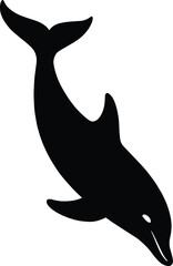 Minimal vector silhouette, dolphin diving downward, tail up, side profile, solid black