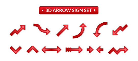 Red 3D Arrow Sign Set Collection Directional Icons for UI and Presentation Glossy Vector Symbols with Shadows and Depth