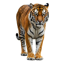 Naklejka premium Majestic Tiger Walking Forward, A Powerful Predator with Striking Stripes on White Background
