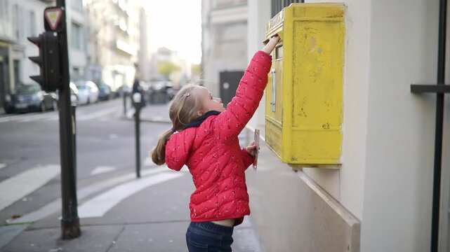 Adorable preschooler girl putting letter in yellow post box on a street of Paris