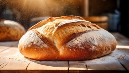 Golden Crusty Bread Resting On A Wooden Board With Sunlight Filtering Through Flour Dust In A Bakery