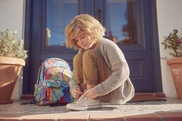 Child tying shoelaces on a sneaker, preparing for school outside a house with a backpack nearby