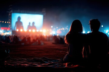 Silhouettes of a couple watching a movie outdoors at night, illuminated by a large screen and lights